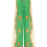Green and orange patterned pants on a white background