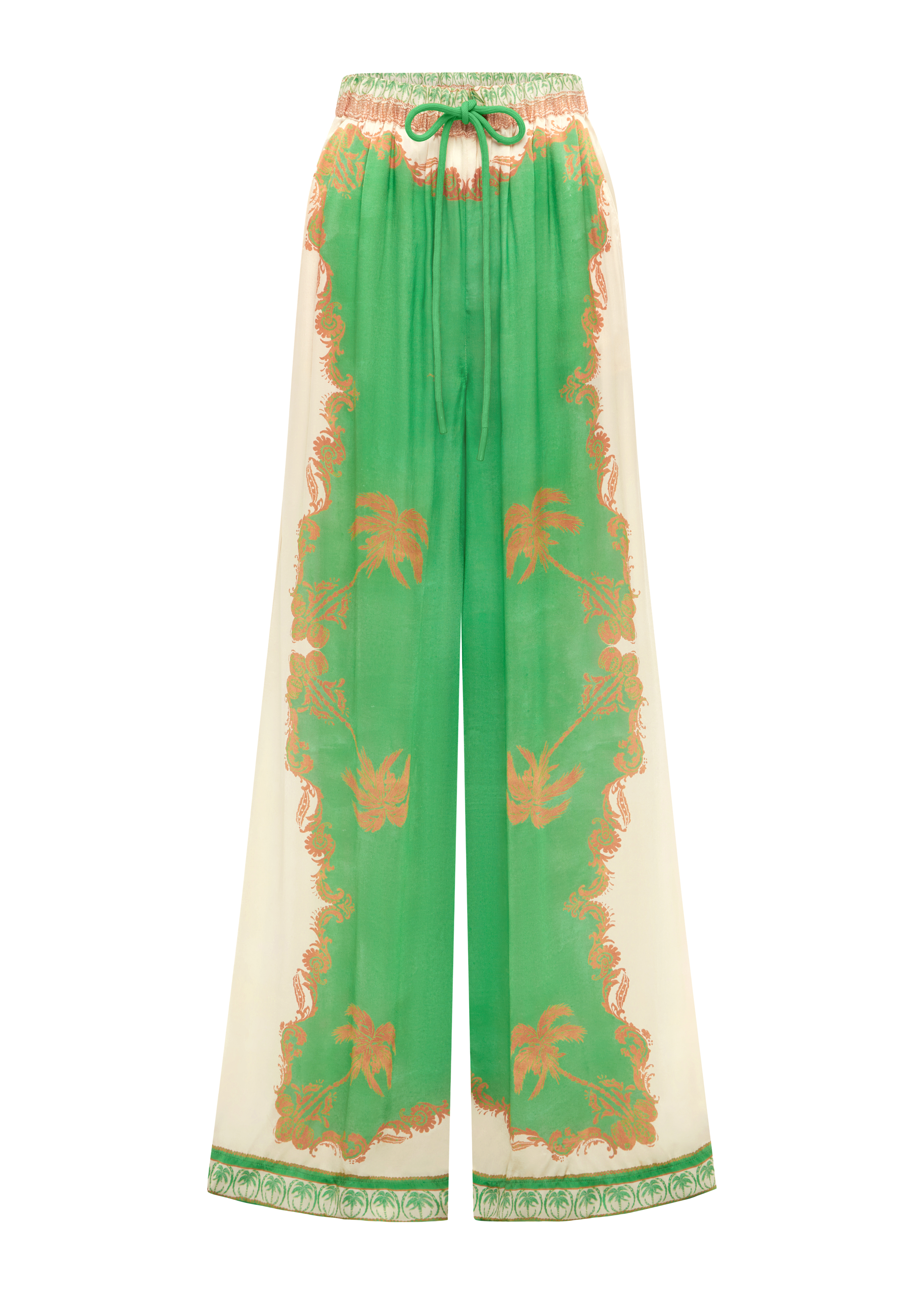 Green and orange patterned pants on a white background