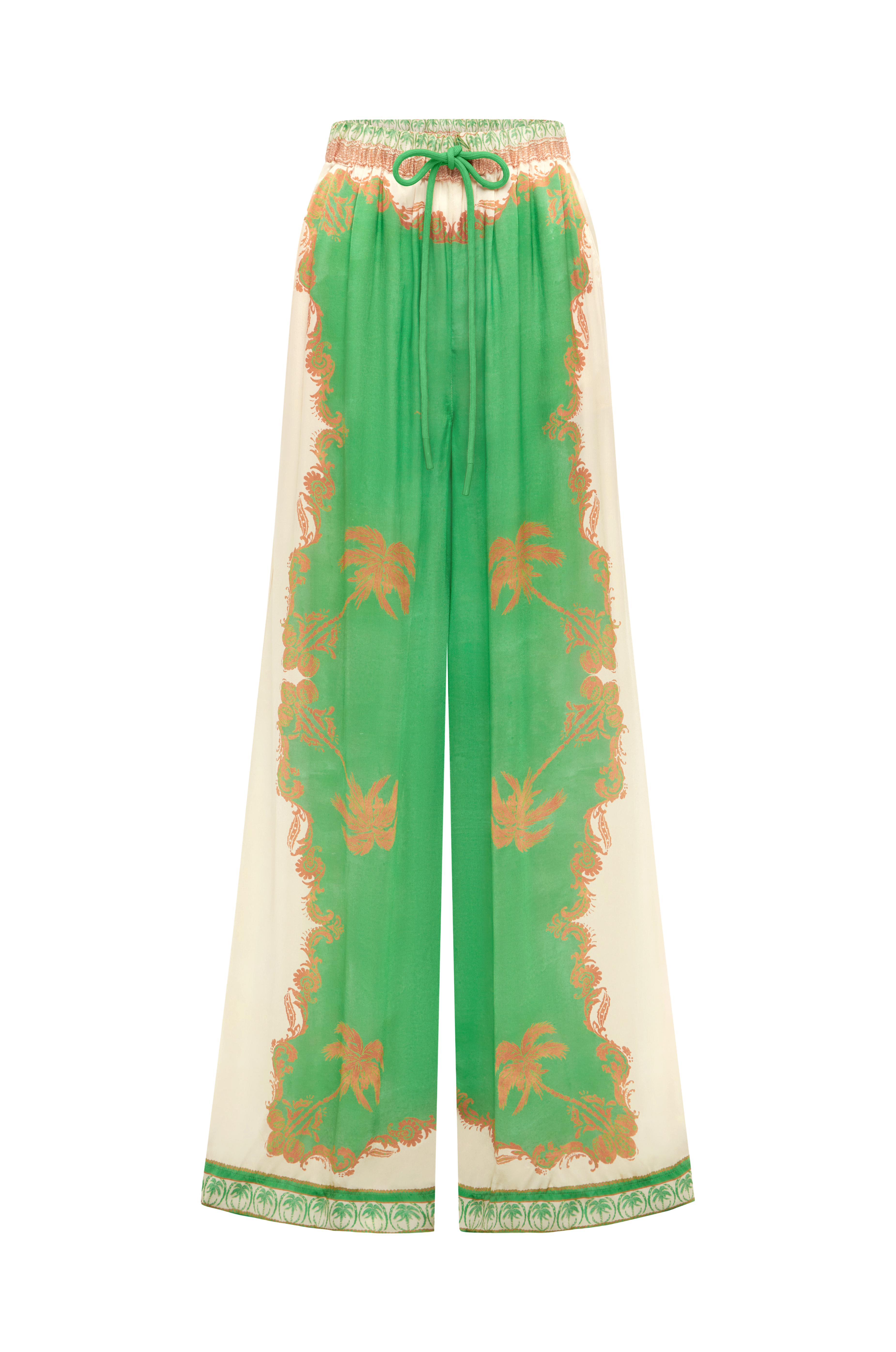 Green and orange patterned pants on a white background