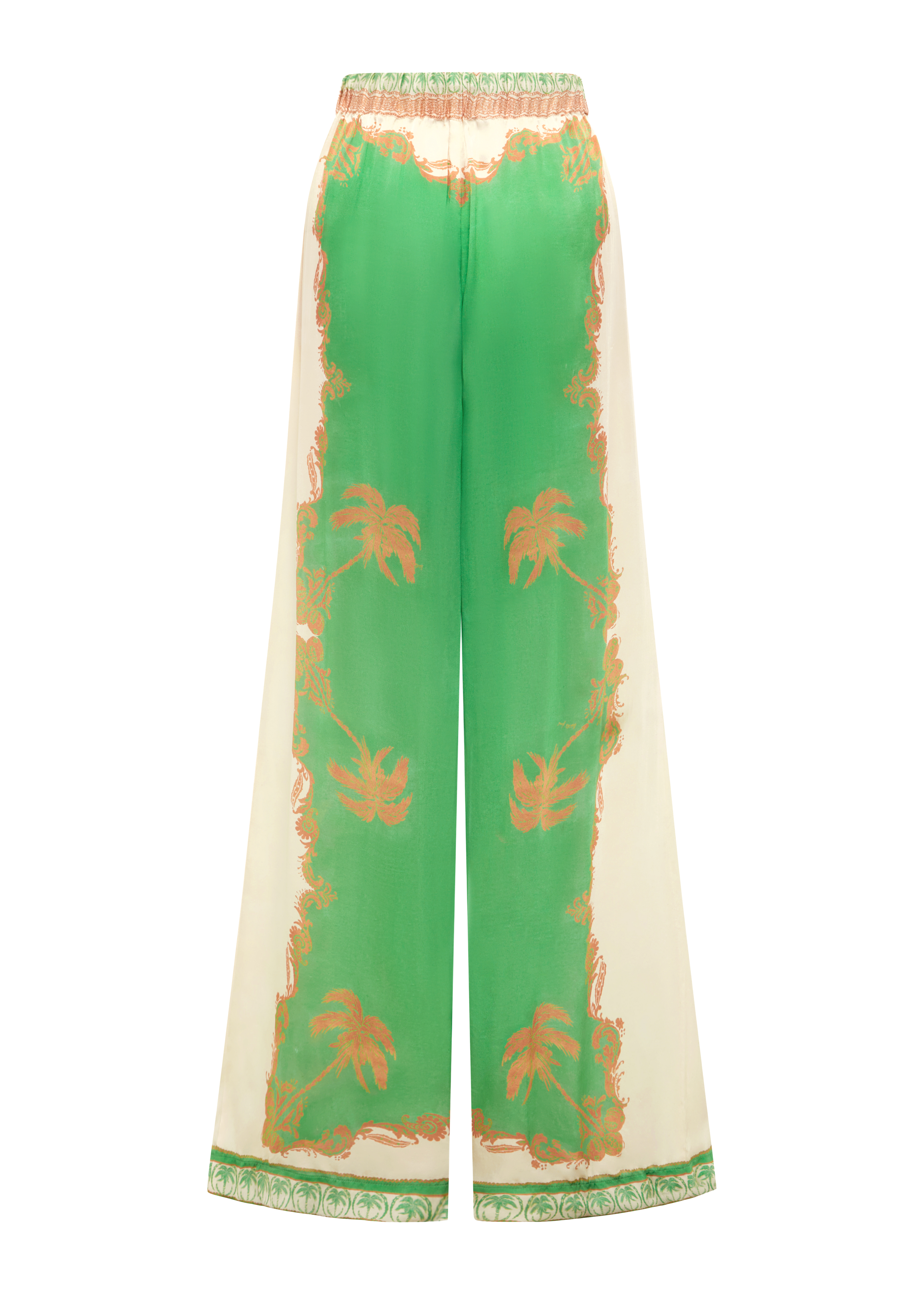 Green and beige pants with floral patterns on a white background