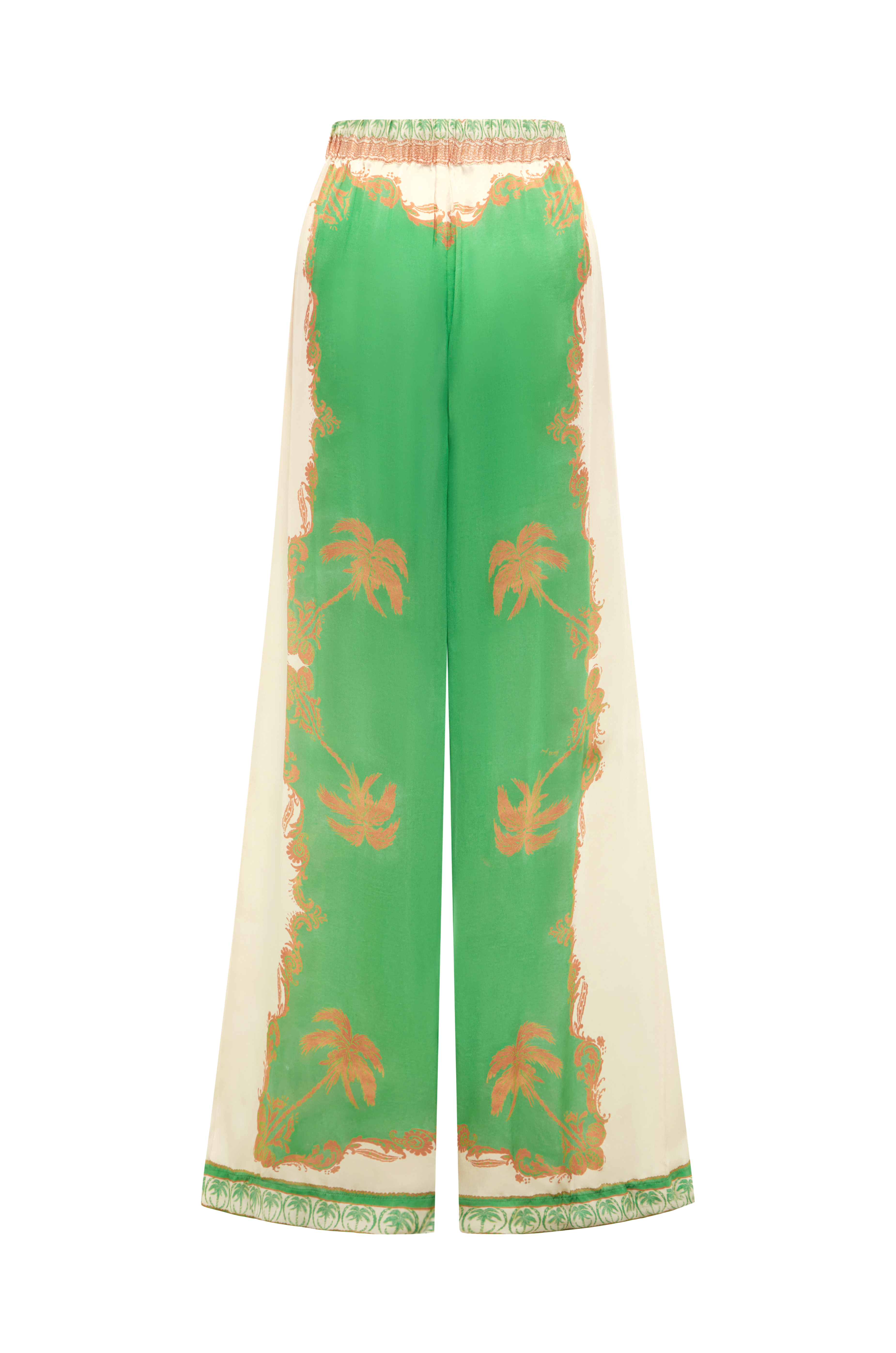 Green and beige pants with floral patterns on a white background