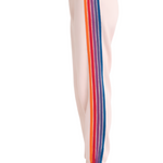 side view of light pink sweatpants with orange red purple and blue stripe on one side