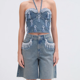 PatBO - Nostalgic Sky Beaded Denim Short - Light Blue