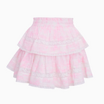 Pink tiered skirt with lace details on a white background