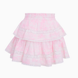Pink tiered skirt with lace details on a white background