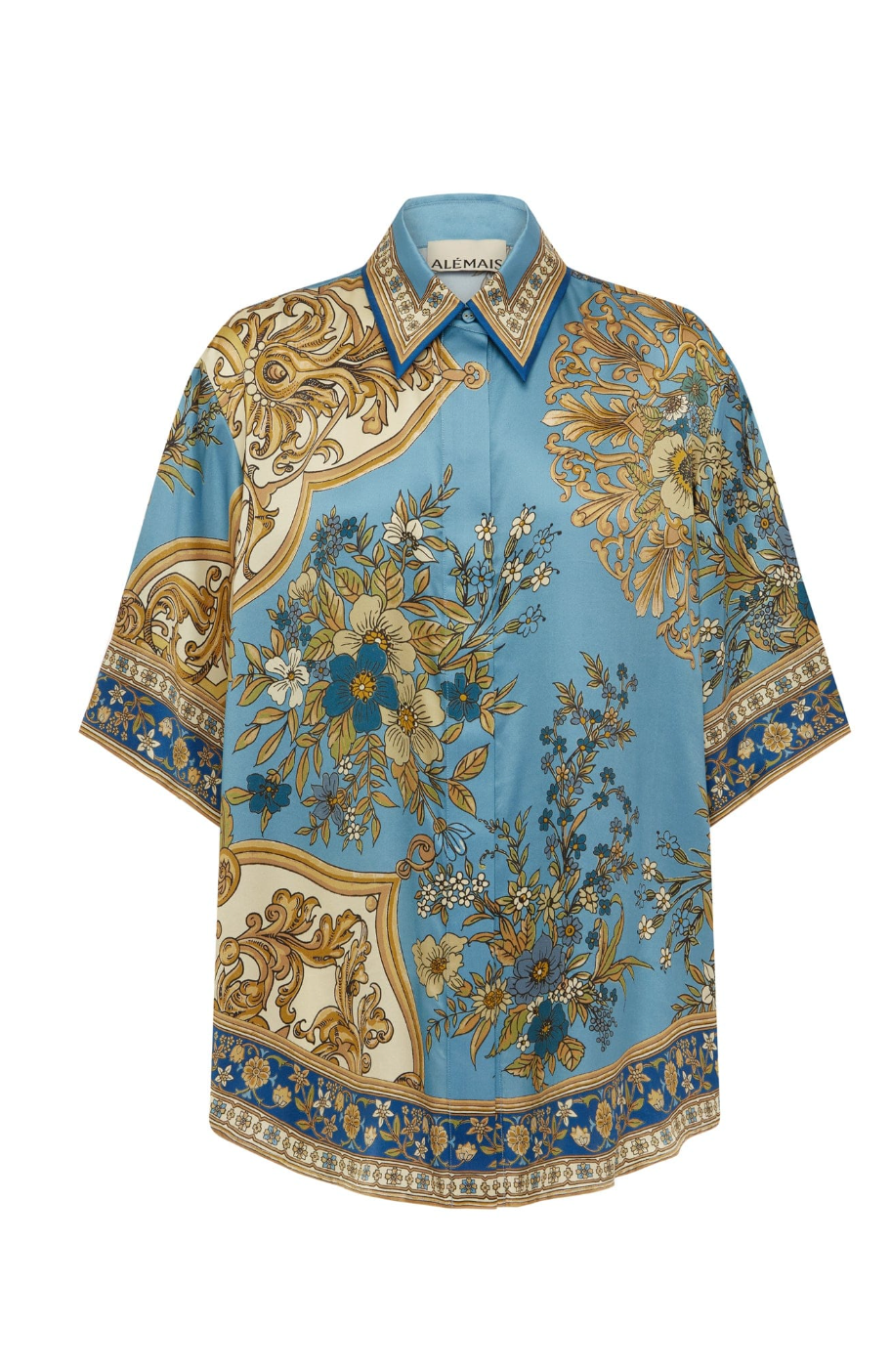 Decorative blouse with floral and baroque patterns on a white background