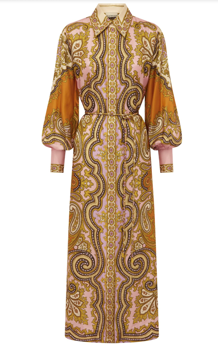 Long patterned dress with orange and gold accents on a white background