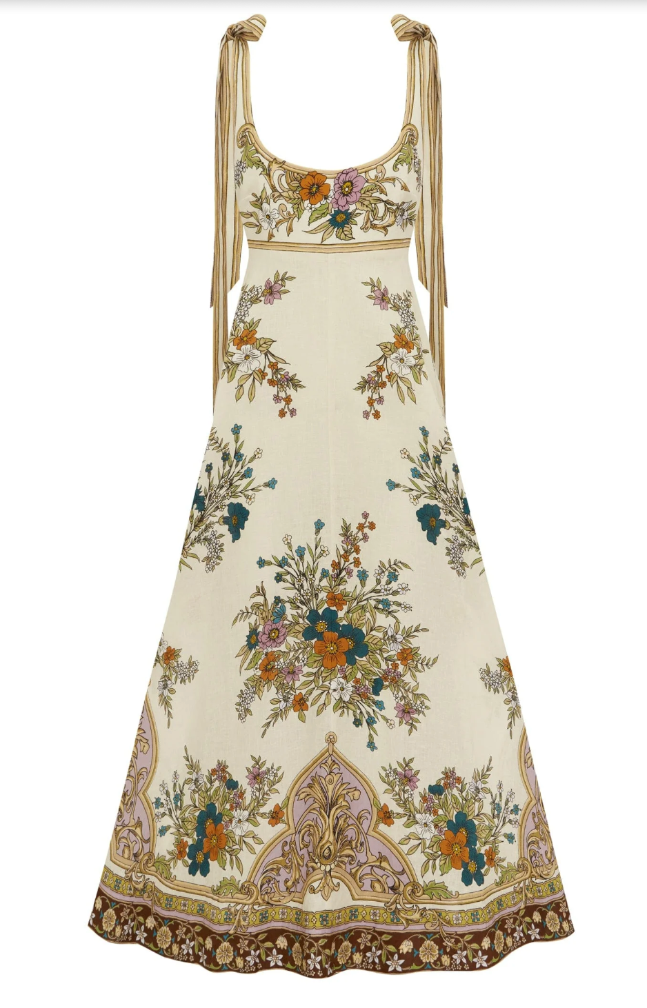 Floral patterned dress with intricate designs on a white background
