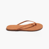 Brown sandal with braided strap on a white background