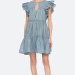 Blue dress with ruffled sleeves on a white background