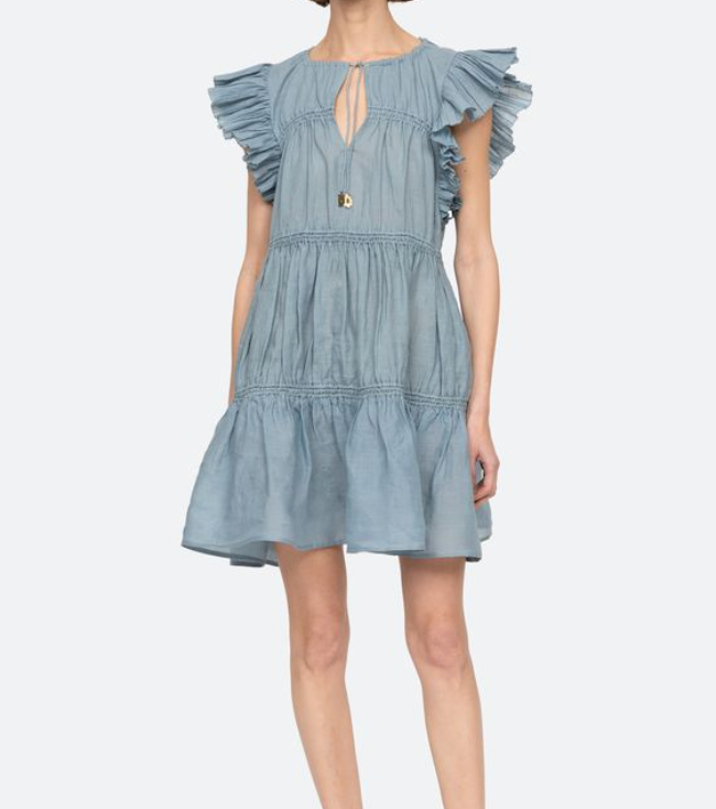 Blue dress with ruffled sleeves on a white background