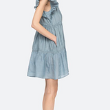 Light blue dress with ruffled straps on a white background