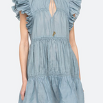 Light blue dress with ruffled sleeves on a white background