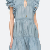Light blue dress with ruffled sleeves on a white background