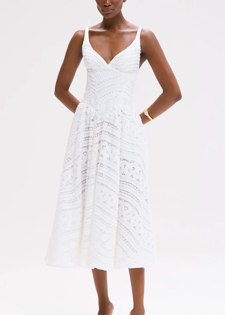 patbo white dress JADE KNIT EMBROIDERED HALTERNECK MIDI L / OFF creating a richly detailed artisanal effect PatBo - Rhythmic Lace Midi
