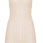 Beige lace dress with fringe details on a white background