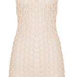 Beige lace dress with fringe details on a white background