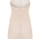 Beige crochet dress with tassel details on a white background