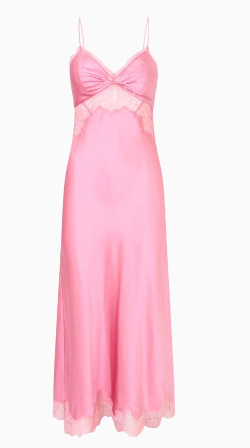 Pink evening gown with lace details on a white background