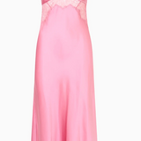 Pink evening gown with lace details on a white background