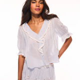 Woman wearing a white lace outfit on a white background