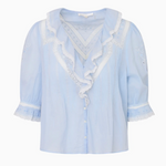 Light blue blouse with white lace details on a white background