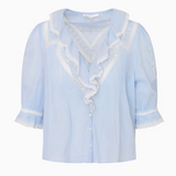 Light blue blouse with white lace details on a white background