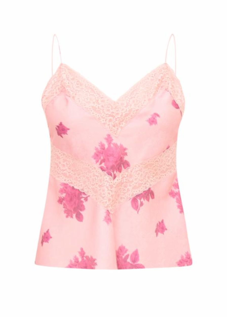 Pink floral lace camisole on a white background