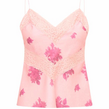Pink floral lace camisole on a white background