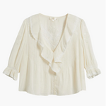 White blouse with ruffled details on a white background