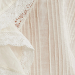 Close-up of a textured white fabric with lace detailing