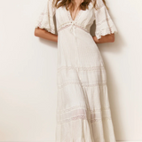 Woman wearing a white dress with ruffled sleeves against a white background