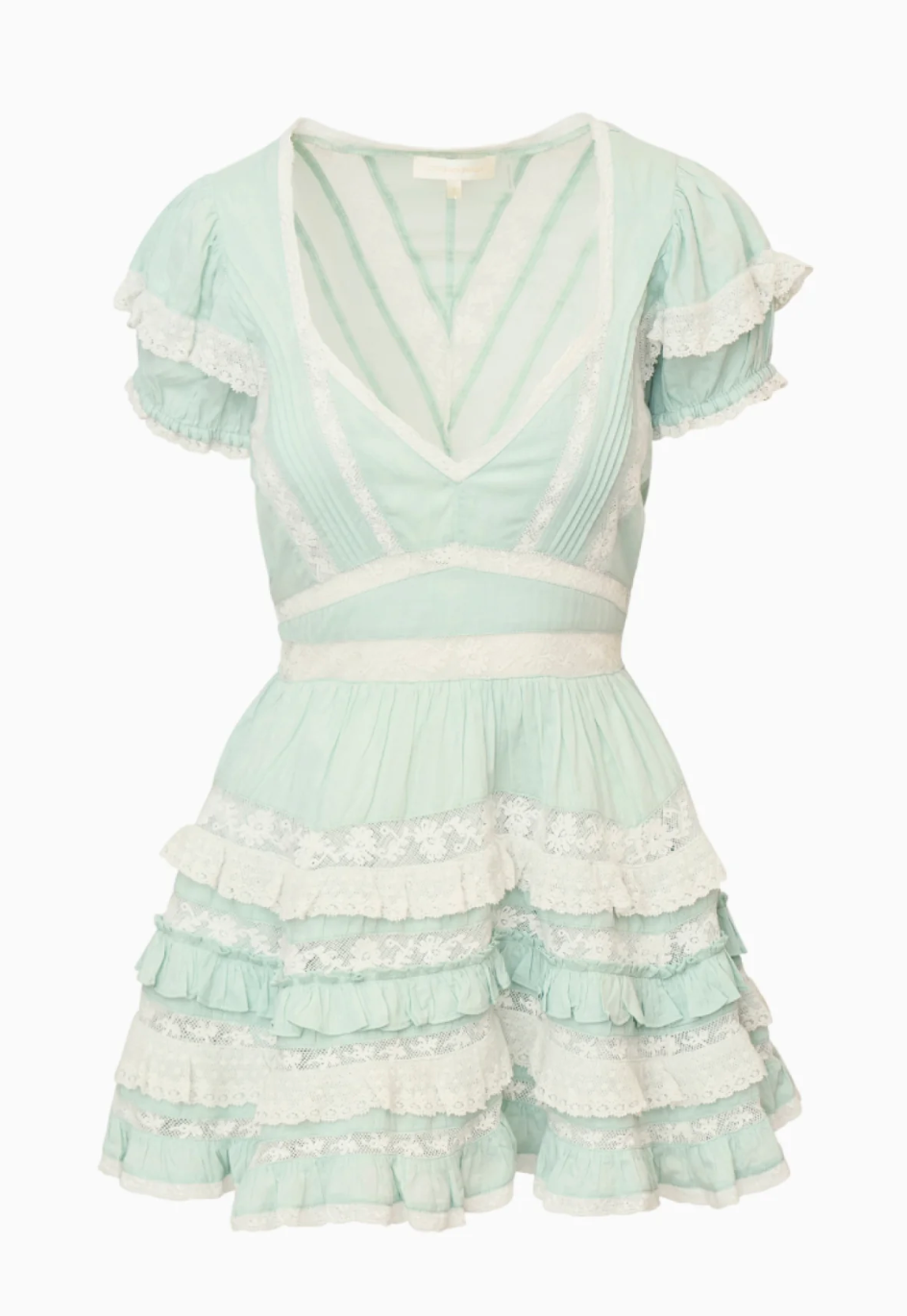 Mint green dress with ruffled layers on a white background