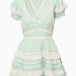 Mint green dress with ruffled layers on a white background