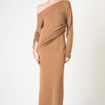 Woman wearing a brown off-shoulder dress on a white background