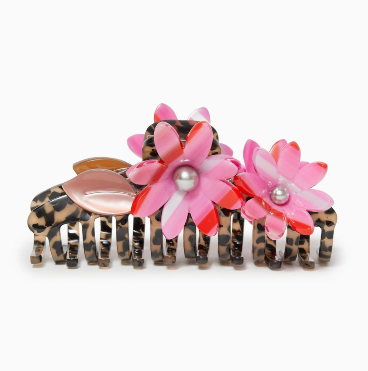 Hair clip with pink flowers and leopard print on a white background