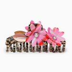 Hair clip with pink flowers and leopard print on a white background