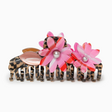 Hair clip with pink flowers and leopard print on a white background
