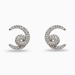 Pair of silver crescent moon earrings with embedded stones on a white background
