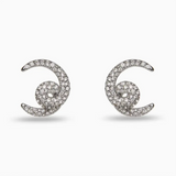 Pair of silver crescent moon earrings with embedded stones on a white background