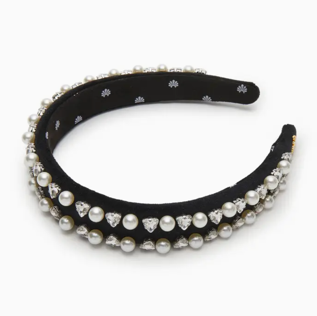 Black headband with pearls and crystals on a white background