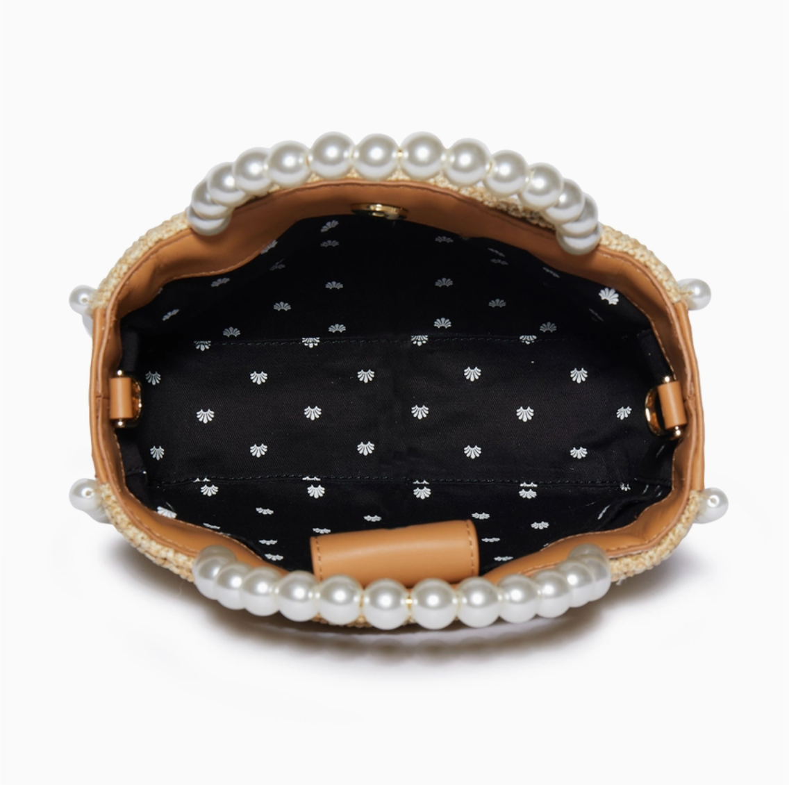 Clutch bag with pearl embellishments on a white background