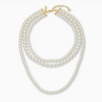 Multi-layered pearl necklace with a gold clasp on a white background