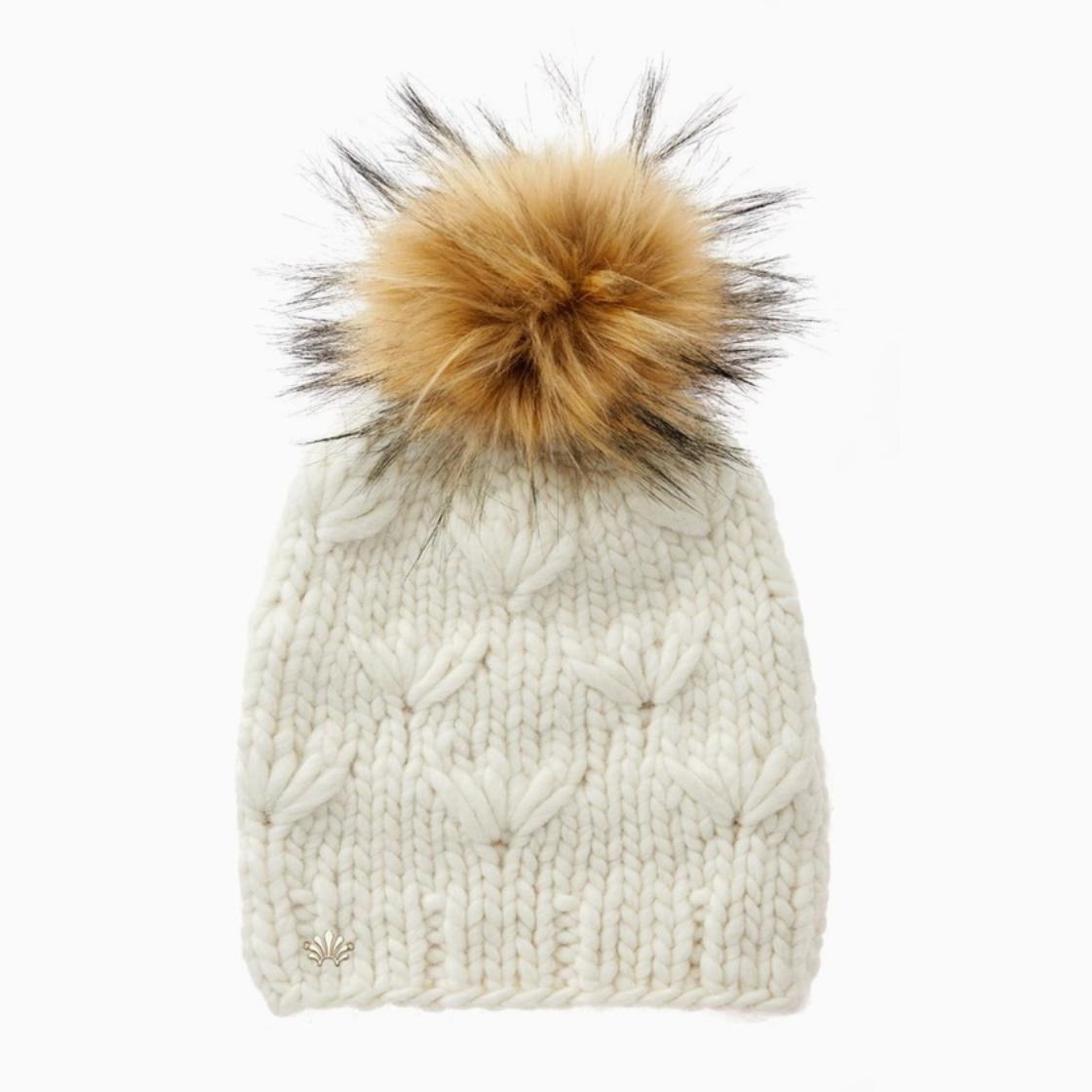 White knitted beanie with a large fur pom-pom on a white background
