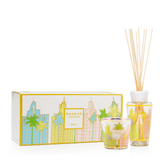 Scented candle and diffuser set with cityscape design packaging on a white background