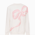 White sweater with a pink bow design on a white background