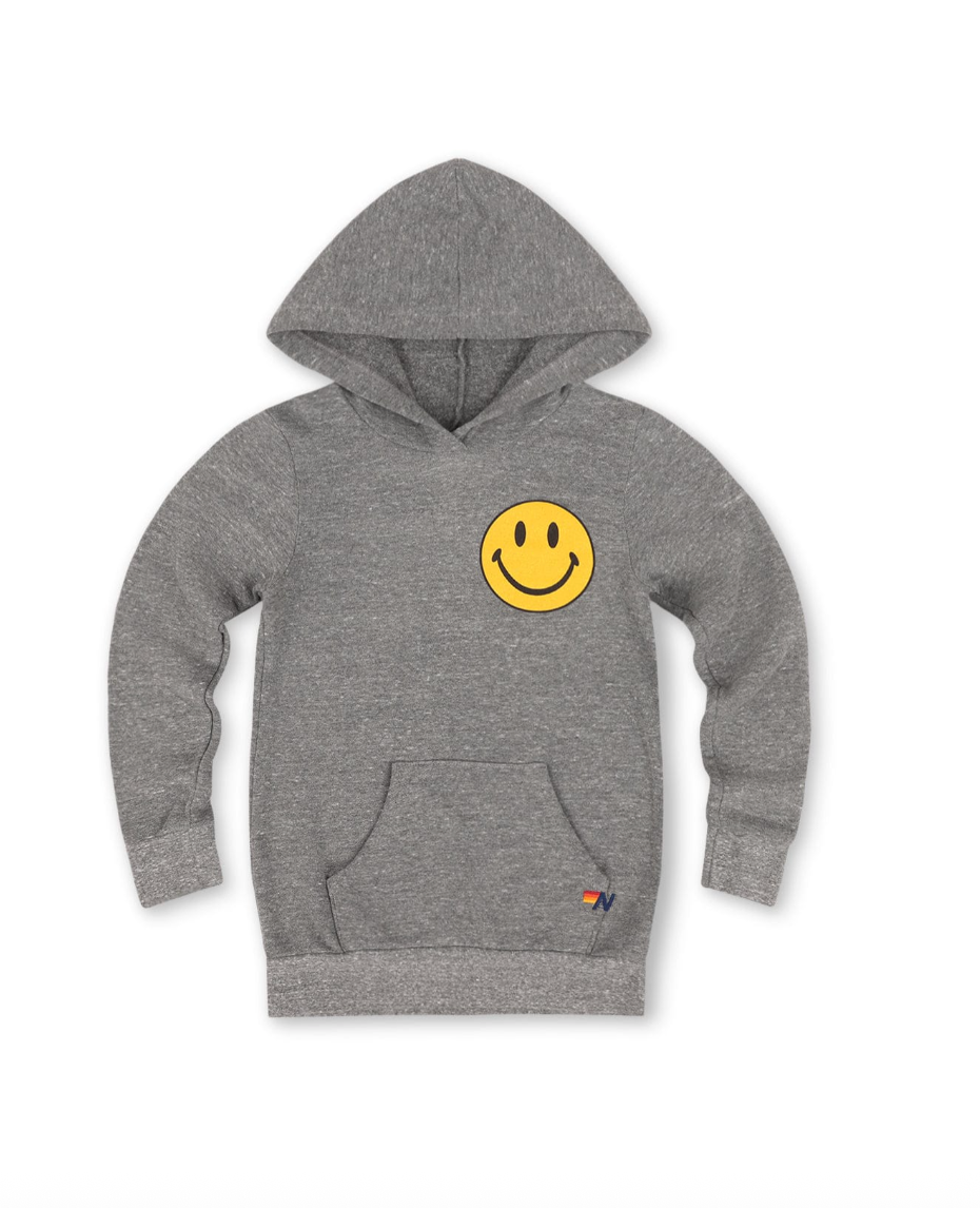 Gray hoodie with a yellow smiley face on a white background
