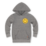 Gray hoodie with a yellow smiley face on a white background