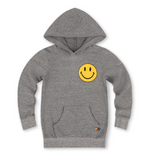 Gray hoodie with a yellow smiley face on a white background
