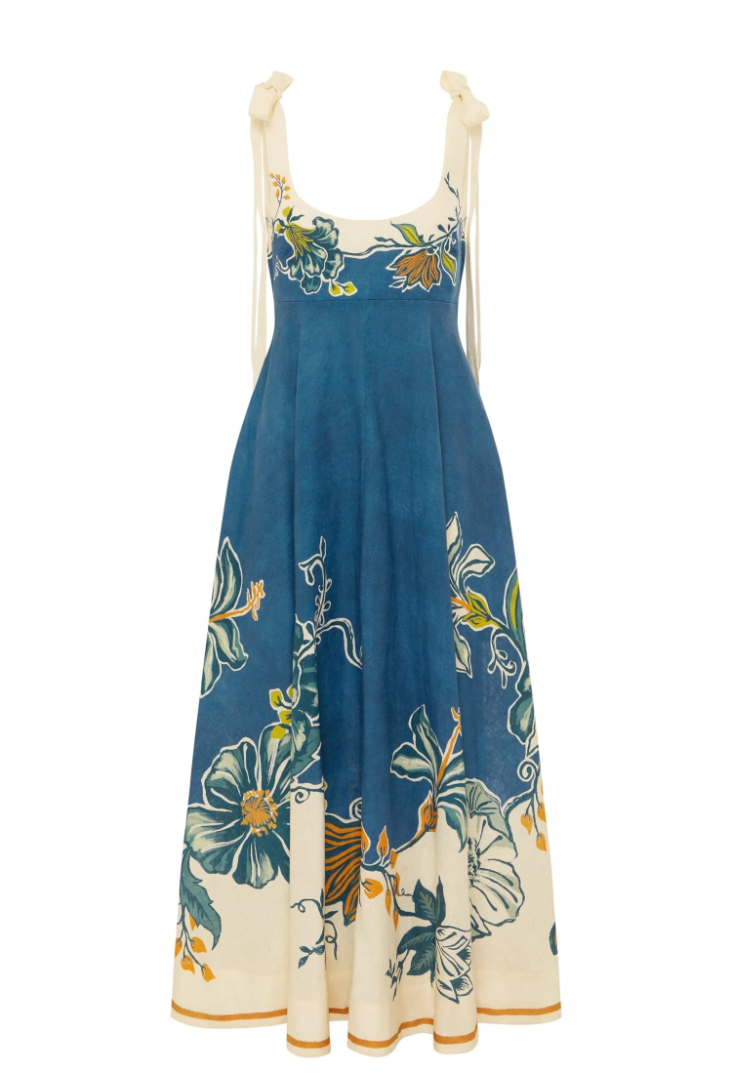 Floral dress with a blue and white pattern on a white background